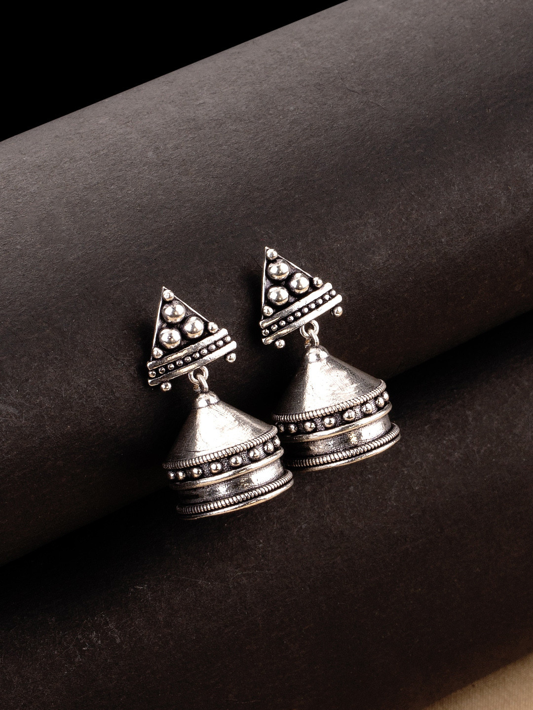 Rava Ball Tomb Motif Silver Oxidized Plated Earrings