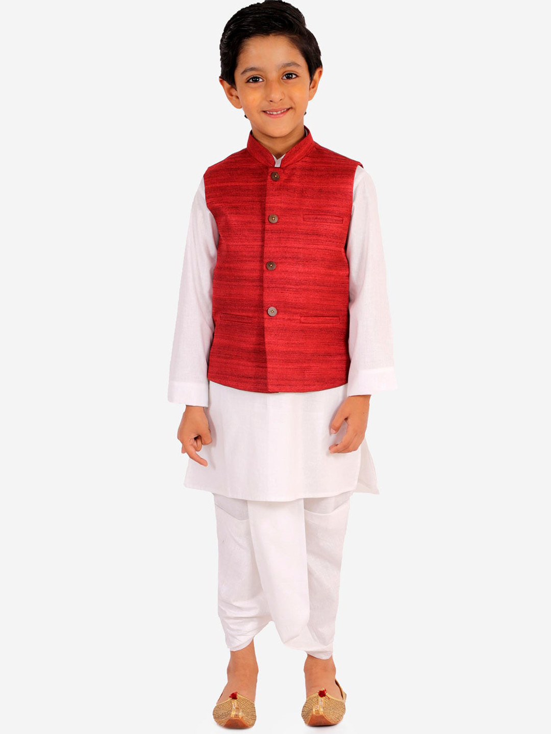VASTRAMAY Boys White & Red Solid Kurta with Churidar & Nehru Jacket