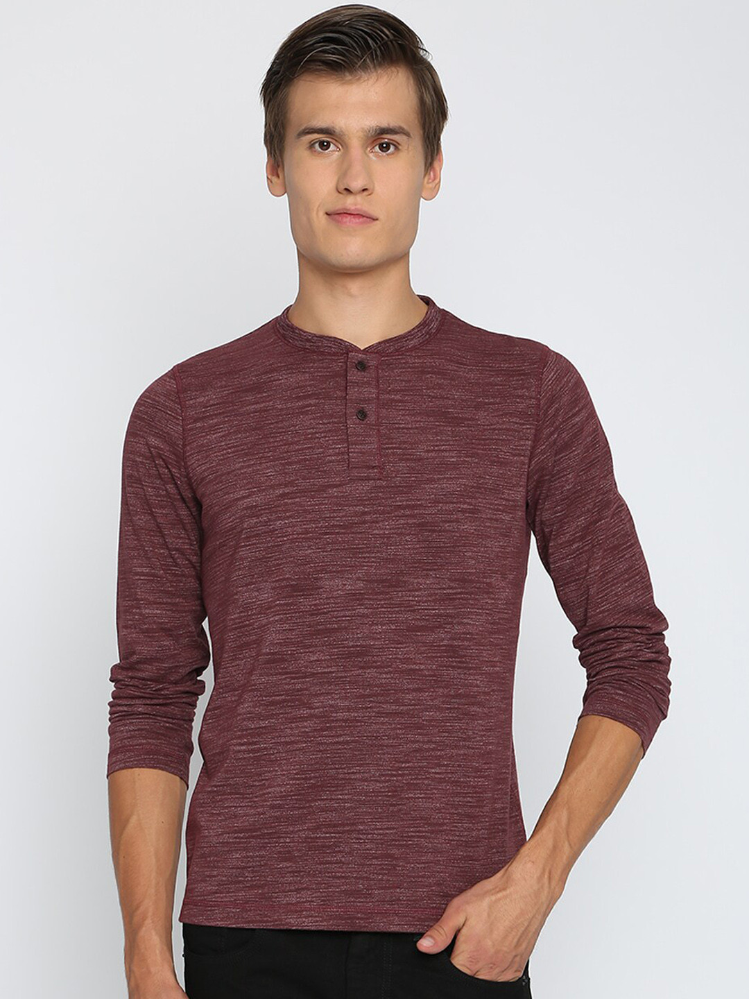Basics Men Maroon Muscle Fit Solid Henley Neck T-shirt