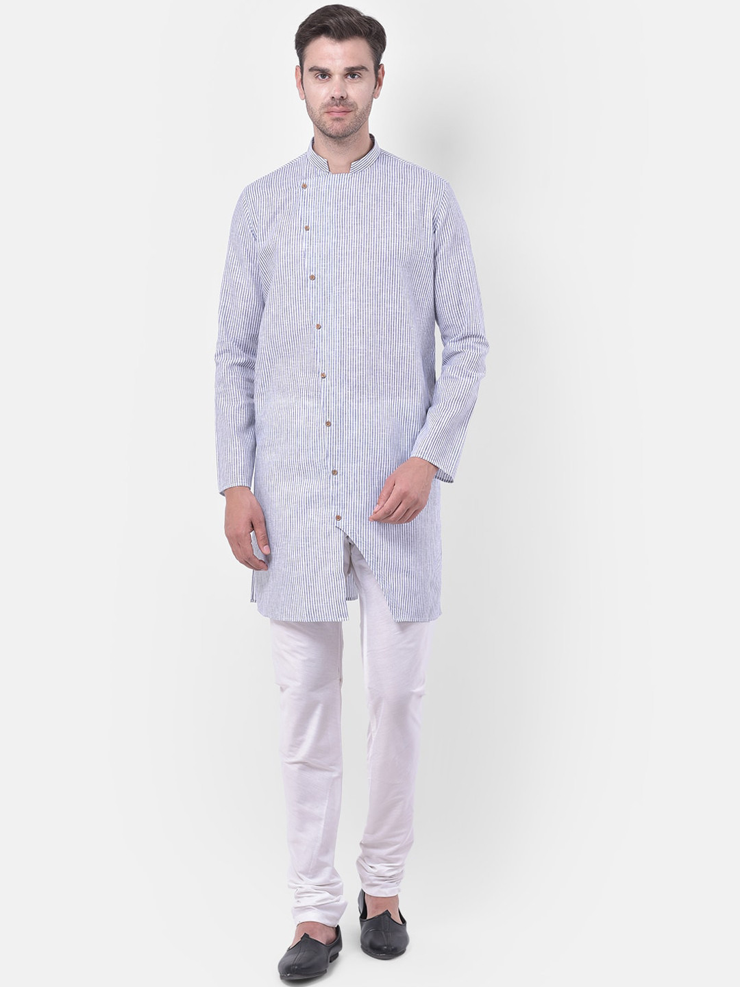 TABARD Men Blue & White Cotton Linen Stripe Kurta