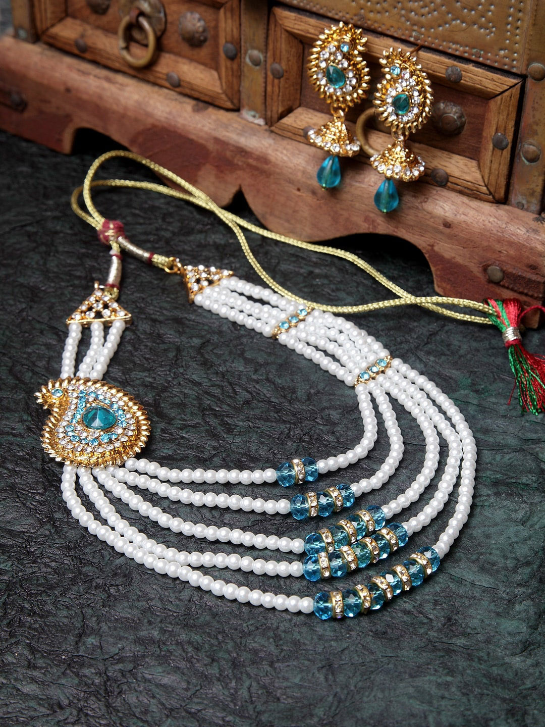 ANIKAS CREATION  White & Blue Gold-Plated Beaded Multi-Stranded Jewellery Set