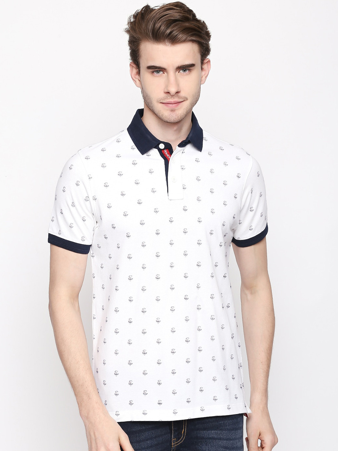 Basics Men White Printed Polo Collar T-shirt