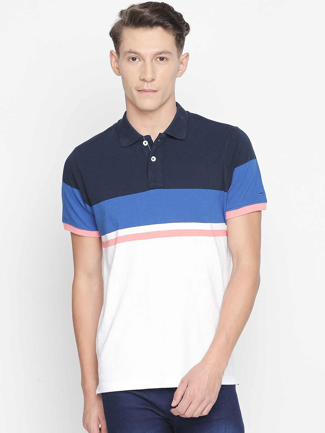 Basics Men Blue & White Colourblocked Polo Collar Cotton T-shirt