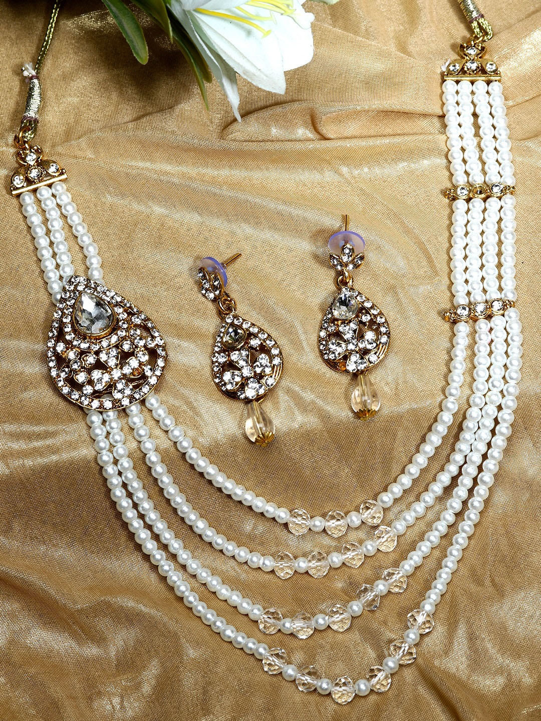 ANIKAS CREATION White Gold-Plated Beaded Stone-Studded Multi-Stranded Jewellery Set