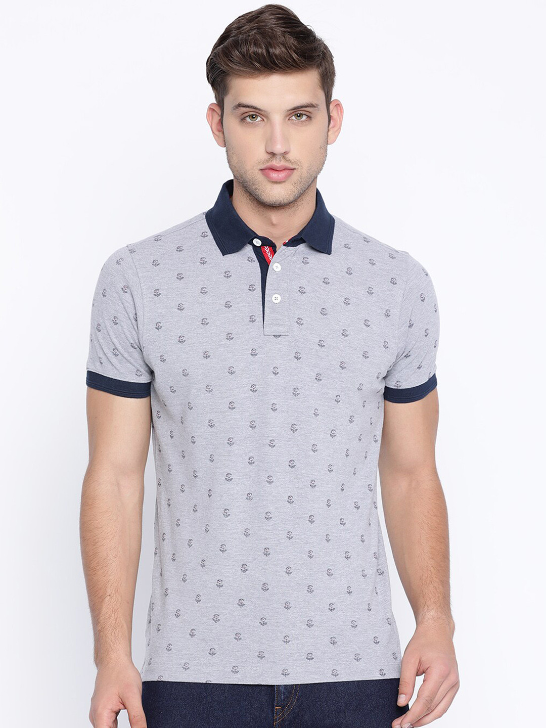 Basics Men Grey Printed Muscle Fit Polo Collar Cotton T-shirt