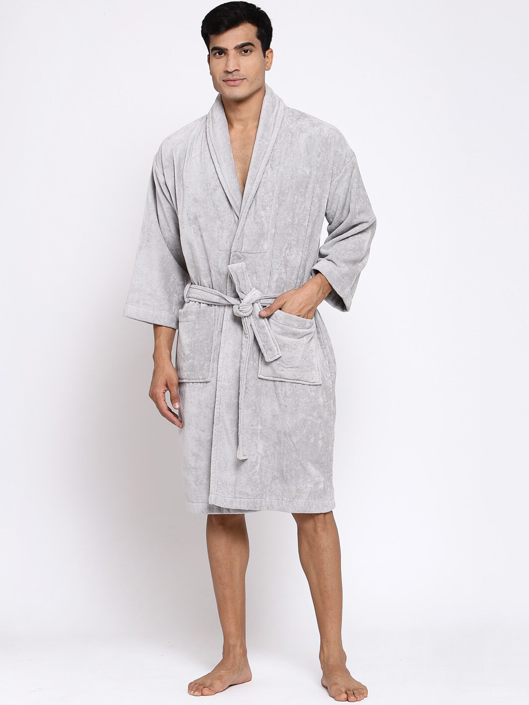 MYTRIDENT Comfort Living Grey Melange Solid Cotton Drawstring Knee Length Bath Robe-L