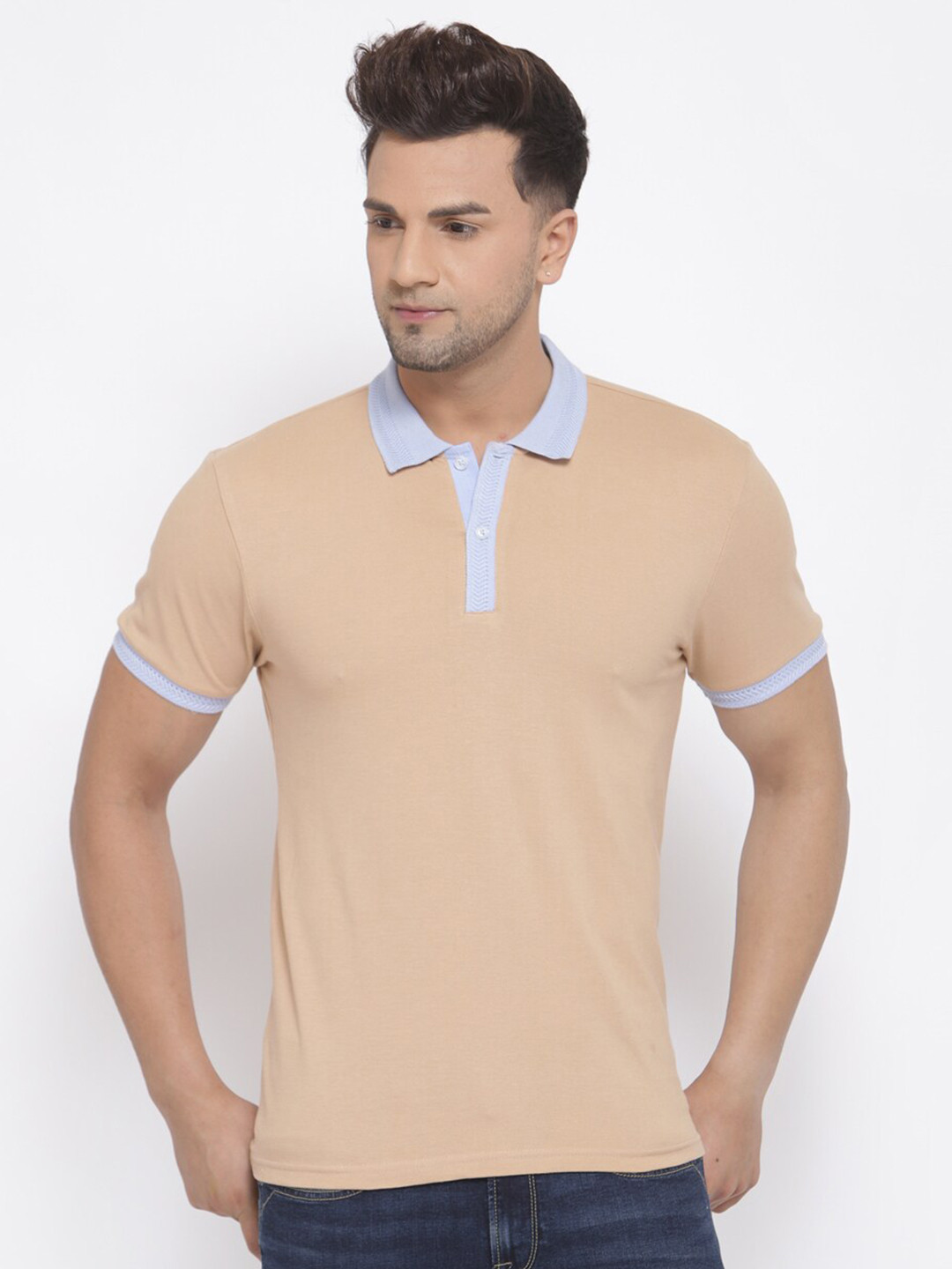 Style Quotient Men Beige Solid Polo Collar T-shirt