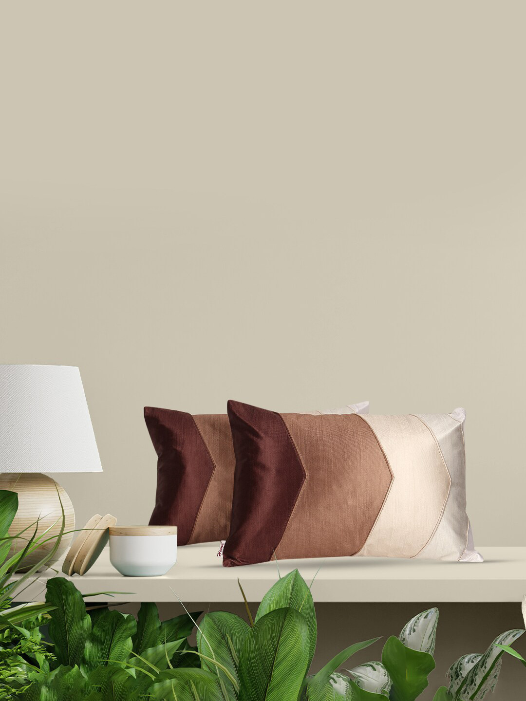 Home Brown & Beige Set of 2 Colourblocked Rectangle Cushion Covers