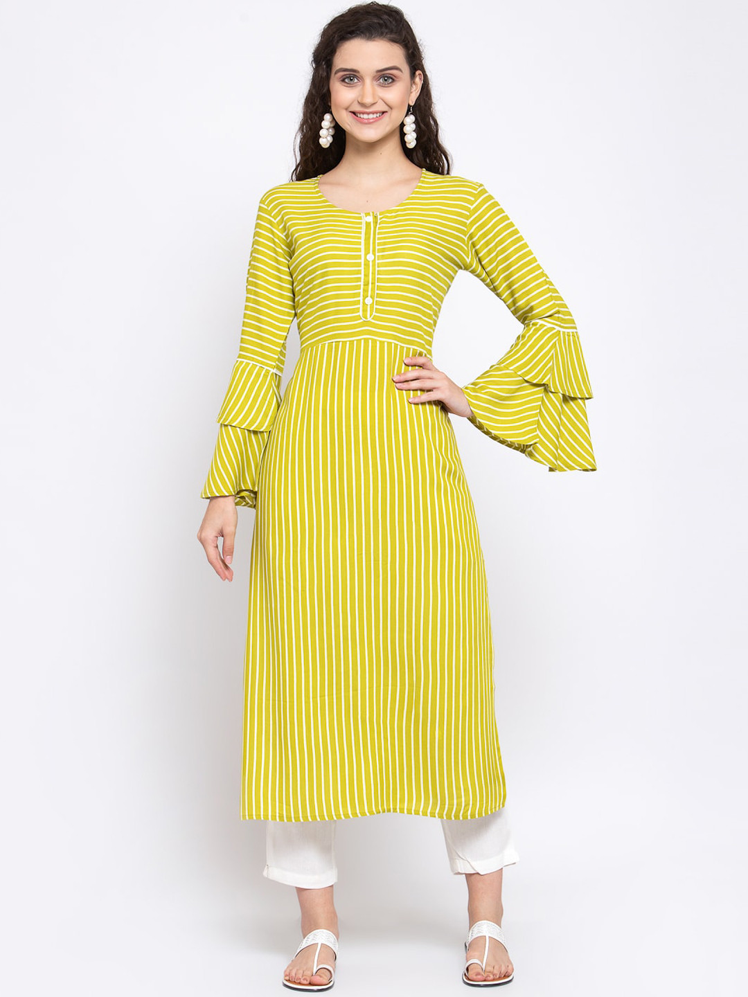 Indibelle Women Green Striped Flared Sleeves Kurta