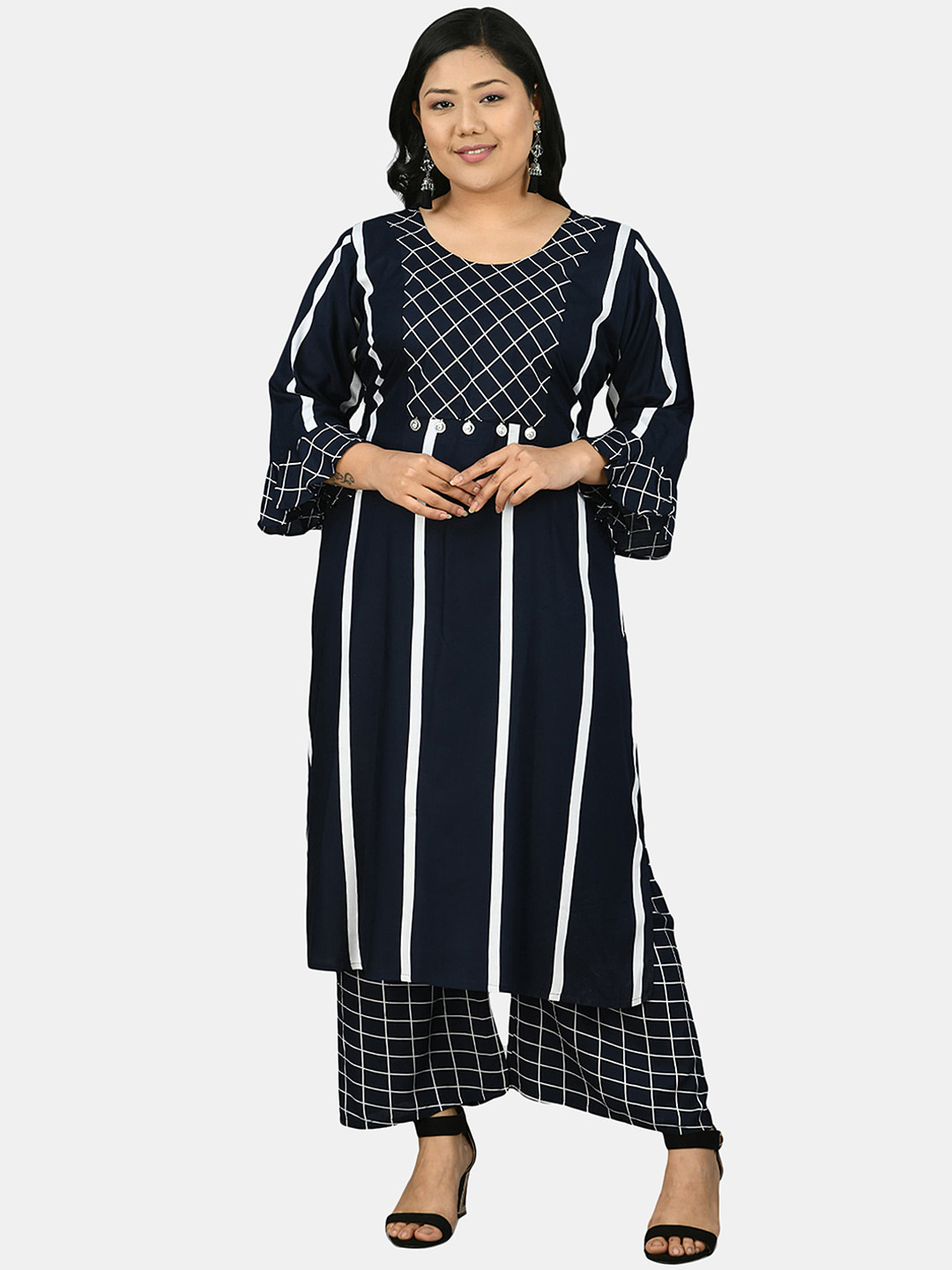PrettyPlus by Desinoor.com  Women Navy Blue Striped Regular Straight Kurta & Palazzos