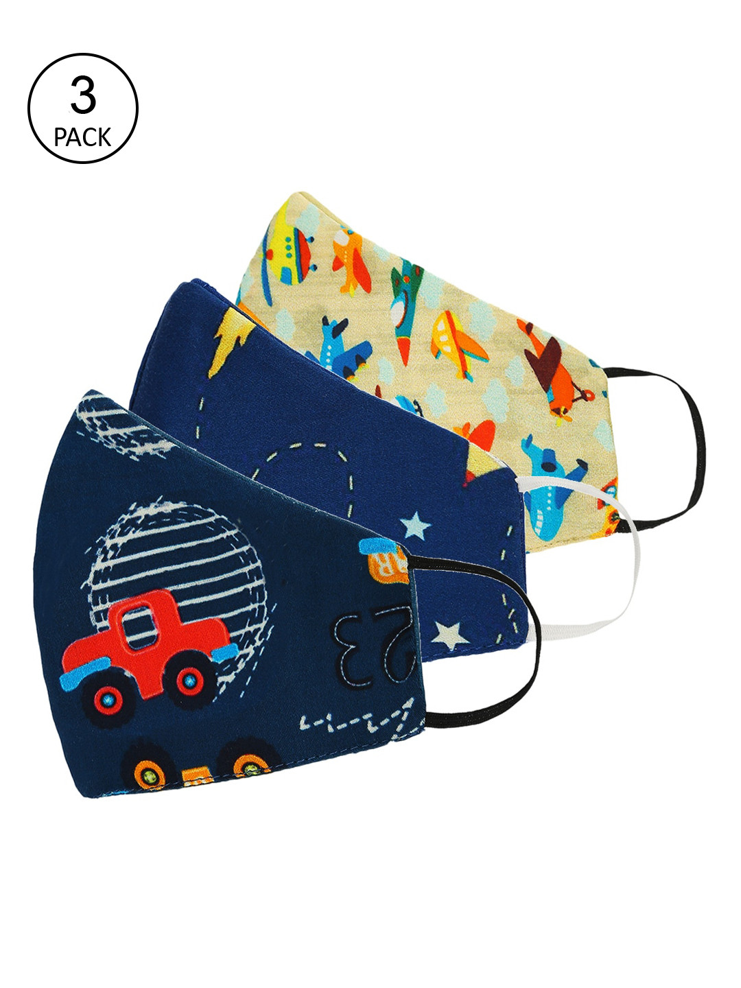 Tossido Kids Pack Of 3 Navy-Blue & Cream-Coloured Digital Printed Cotton Cloth Masks