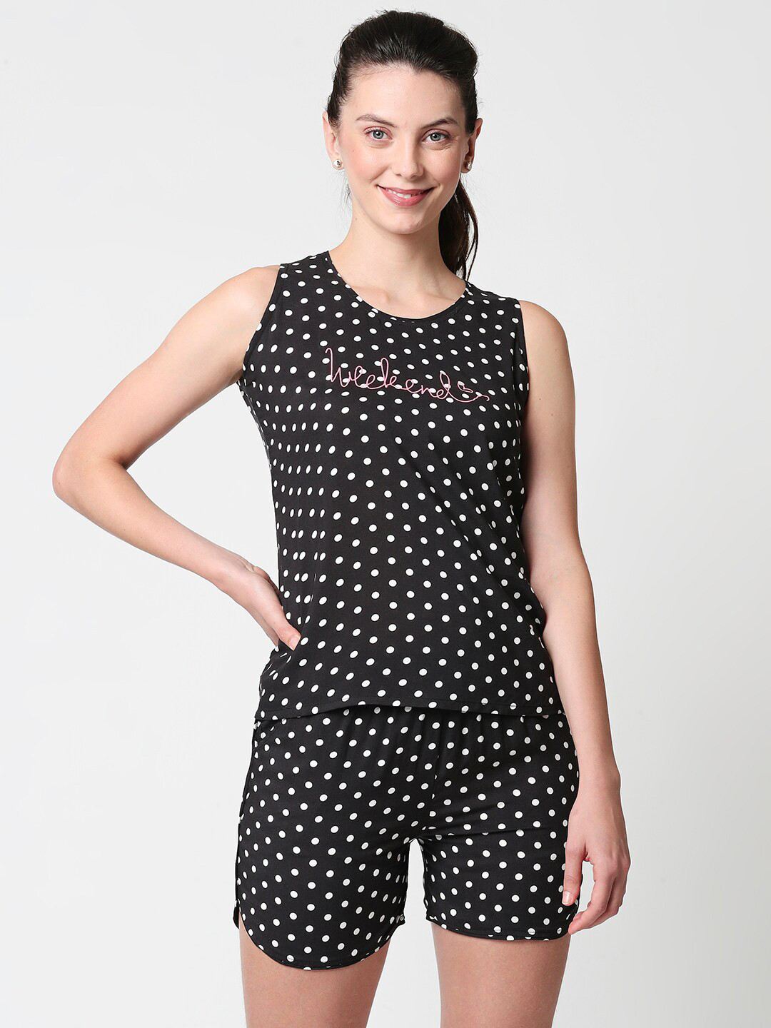 Zeyo Women Black Polka Dots Print Night Suit