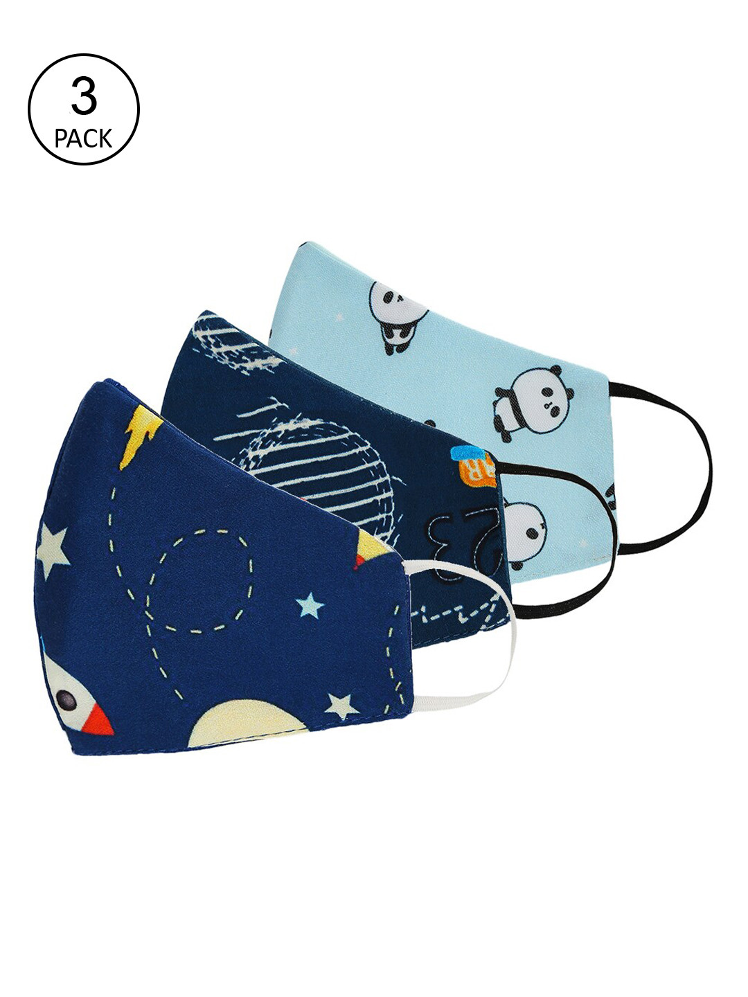 Tossido Kids Pack Of 3 Blue & Navy-Blue Printed 3-Ply Cotton Cloth Face Masks
