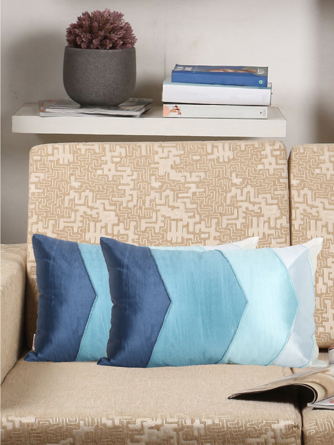 Home Blue & White Set of 2 Colourblocked Rectangle Cushion Covers