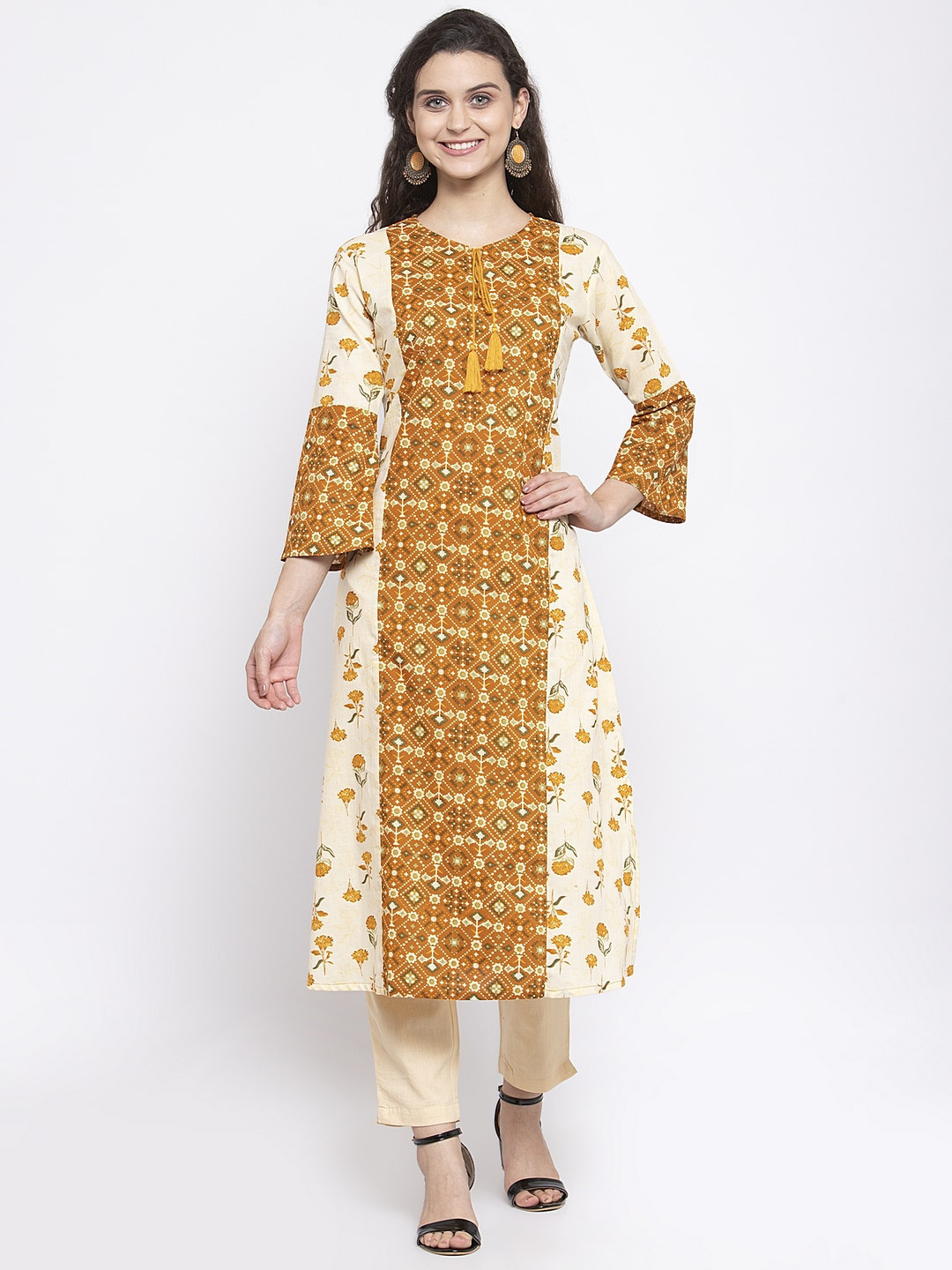 Indibelle Women White & Mustard Yellow Printed A-Line Keyhole Neck Kurta with Trousers