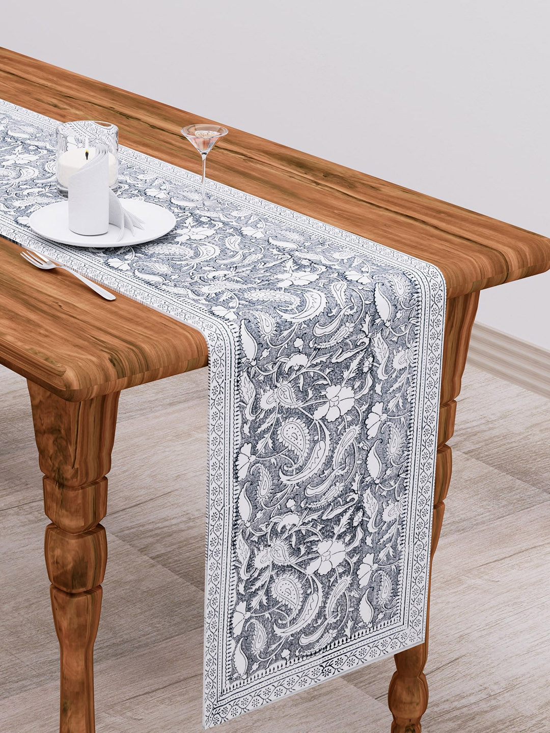 Clasiko Grey & White Ethnic Motifs Print 300 TC Cotton Table Runner