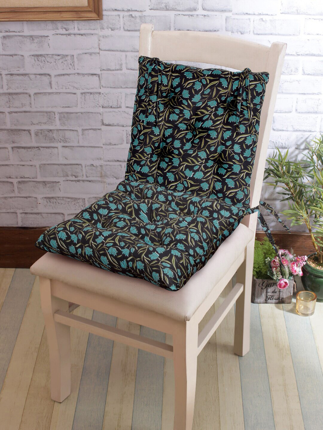 Rajasthan Decor Set Of 2 Black & Turquoise Blue Floral Printed Cotton Chair Pads