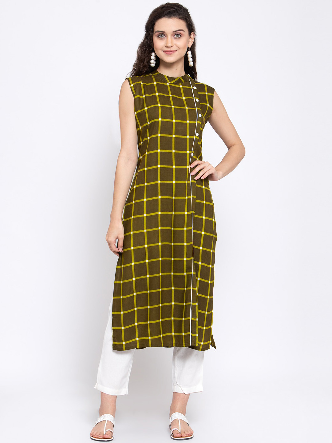 Indibelle Women Olive Green & Yellow Checked Kurta with Trousers