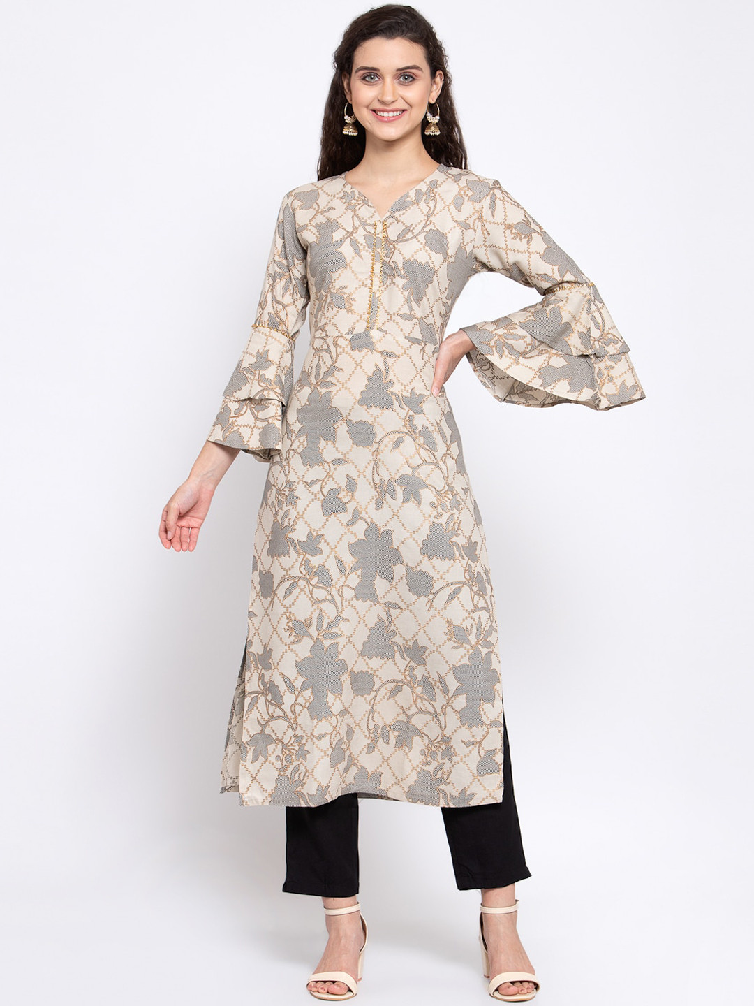 Indibelle Women Beige Printed Flared Sleeves Kurta