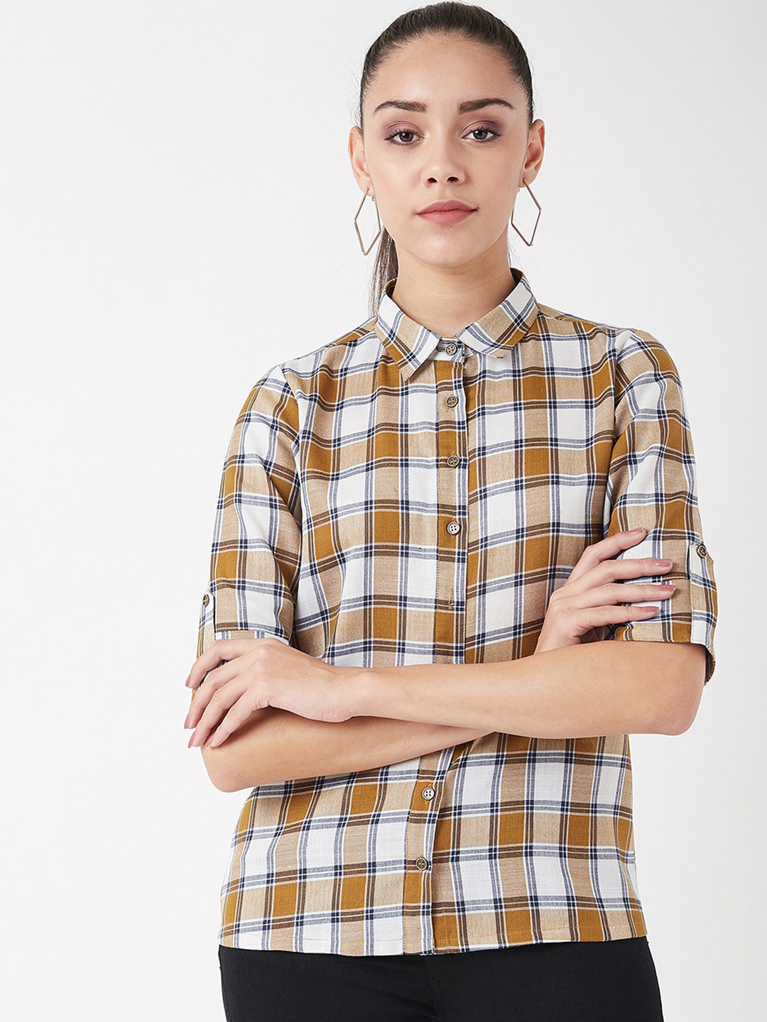 Miss Chase Women White Regular Fit Checked Casual Shirt