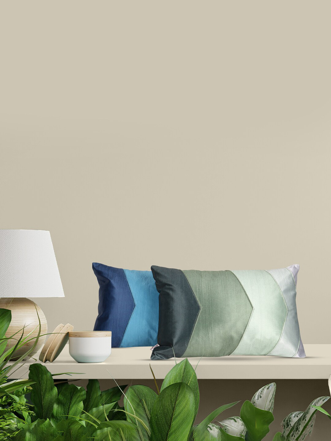 Home Blue Set of 2 Colourblocked Rectangle Cushion Covers