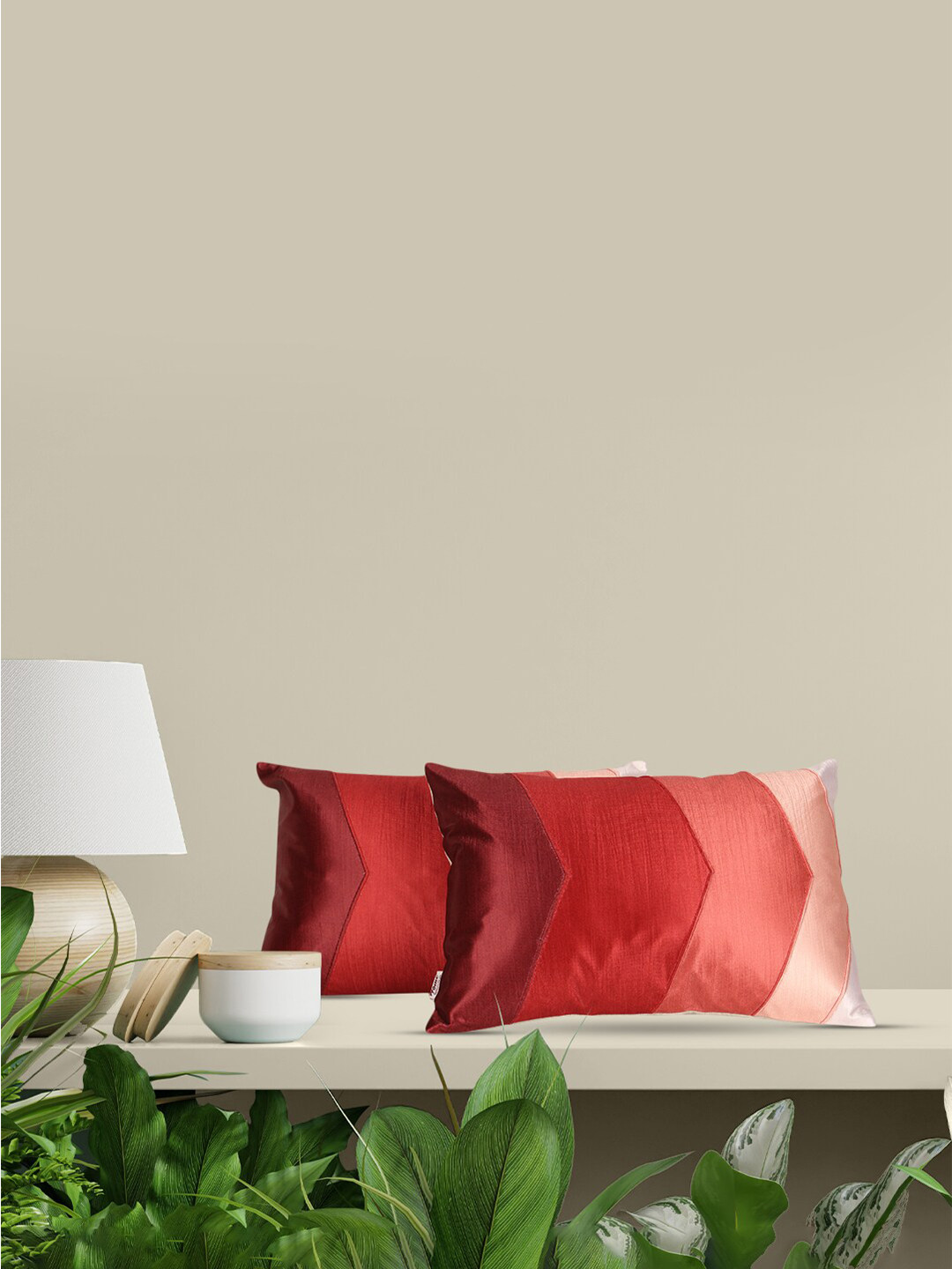 Home Red Colourblocked Polyester Washable 2 Piece Rectangle Cushion Covers -12x18In