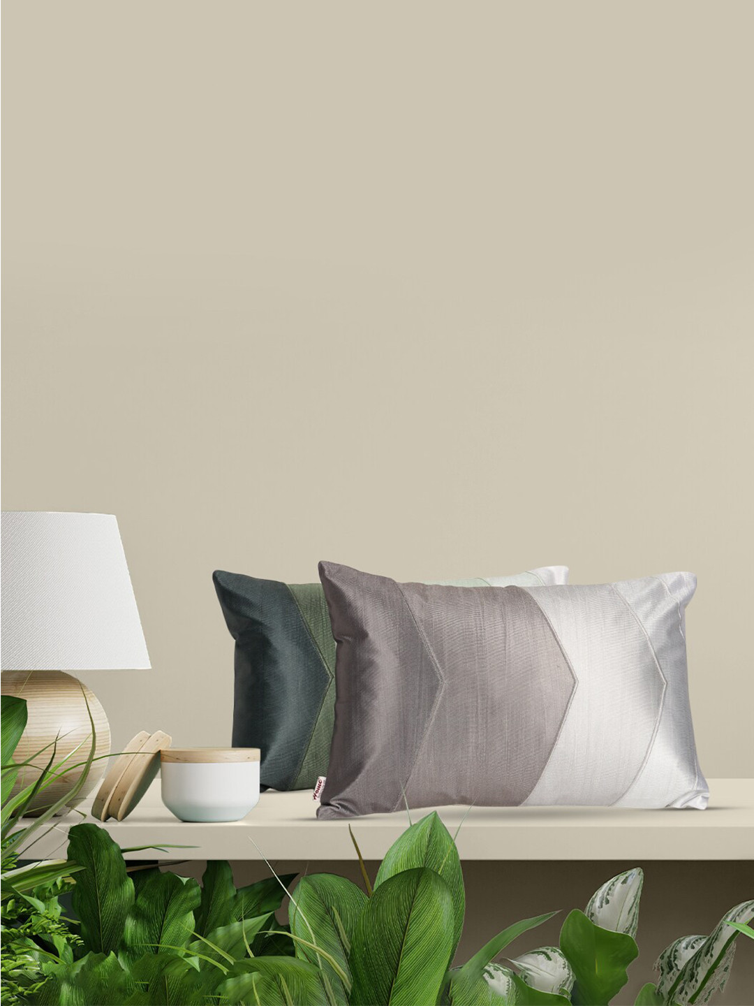 Home Unisex Grey Colourblocked printed and Embroidered Cushion Covers