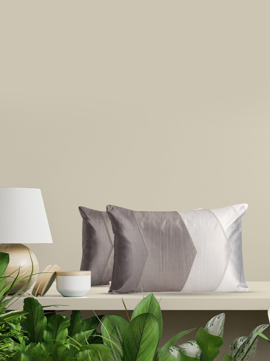 Home Grey Colourblocked Polyester Washable 2 Piece Rectangle Cushion Covers - 12x18In