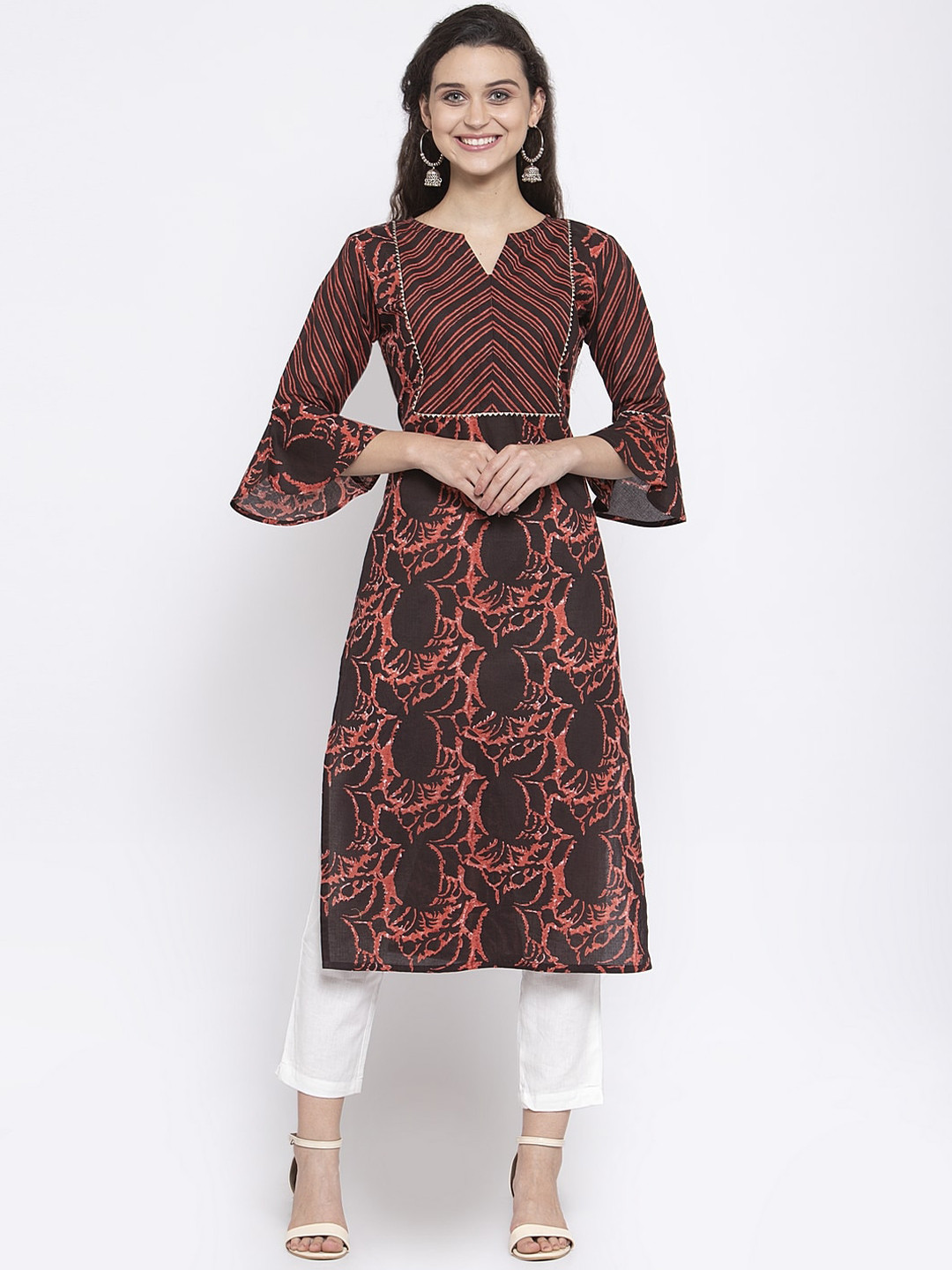 Indibelle Women Coffee Brown & White Printed Kurta with Trousers