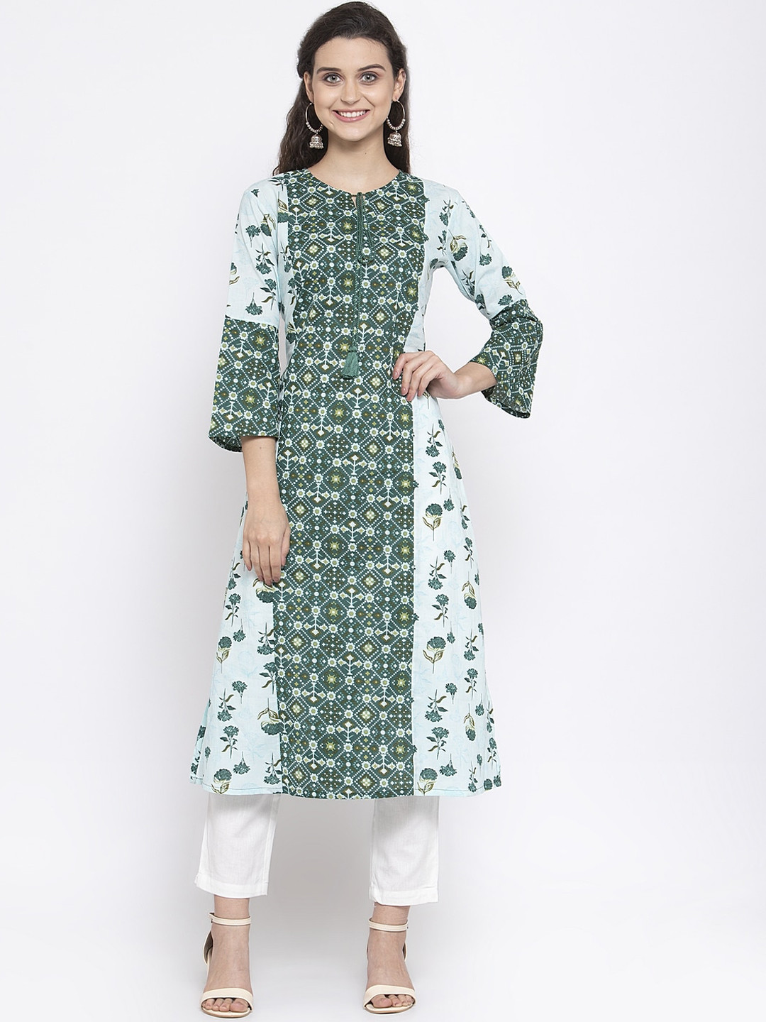 Indibelle Women Green Floral Print A-Line Kurta With Trouser
