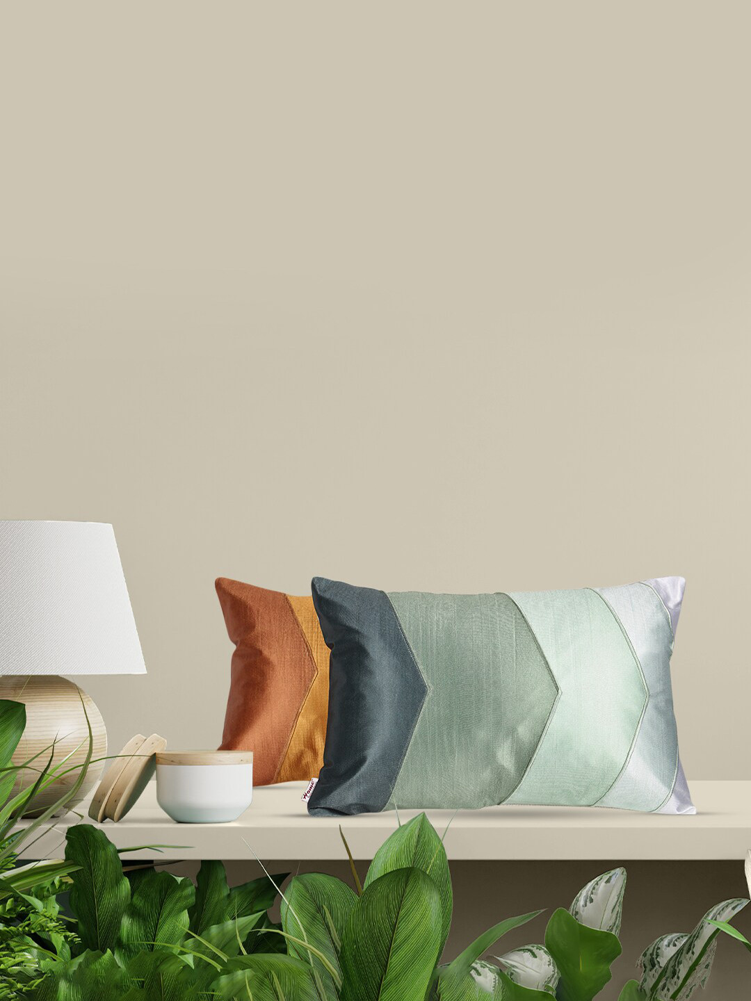 Home Rectangular Embroidered Colourblocked Polyester 2 Pcs Cushion Covers - 12x18In