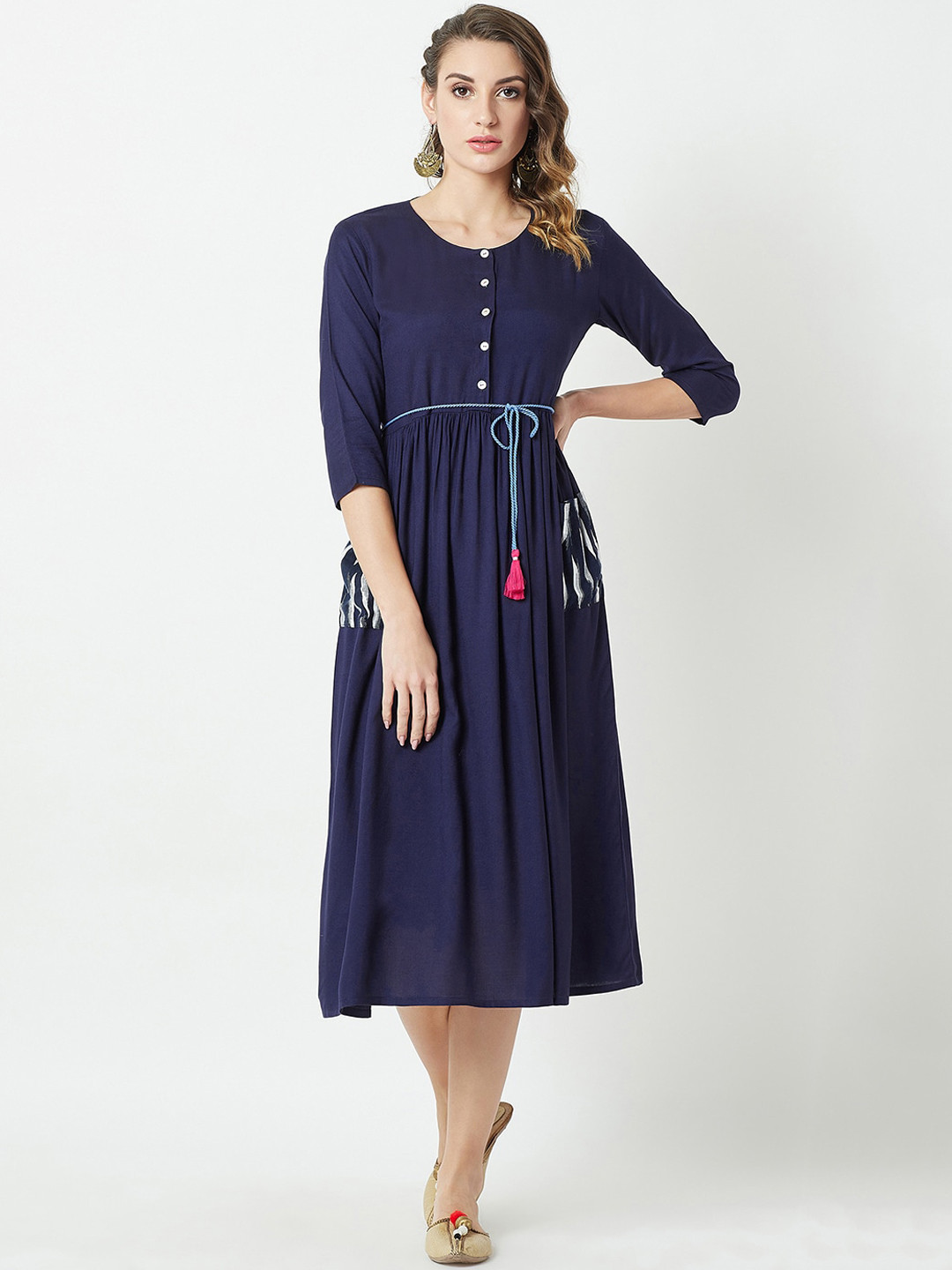 Miss Chase Women Navy Blue Solid Midi Buttoned Up Dress