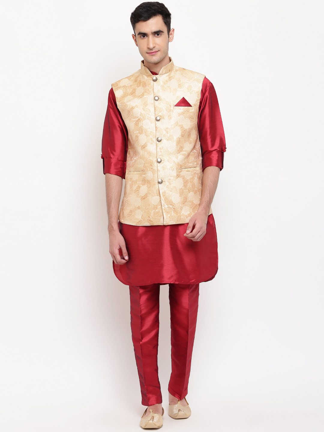 Aj DEZInES Men Red & Beige Layered Straight Jacquard Kurta with Pyjamas & Nehru Jacket