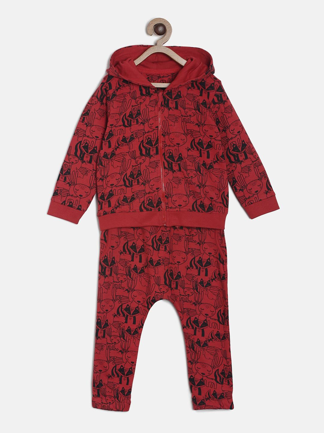 MINI KLUB Girls Red & Black Conversational Print Cotton Tracksuit