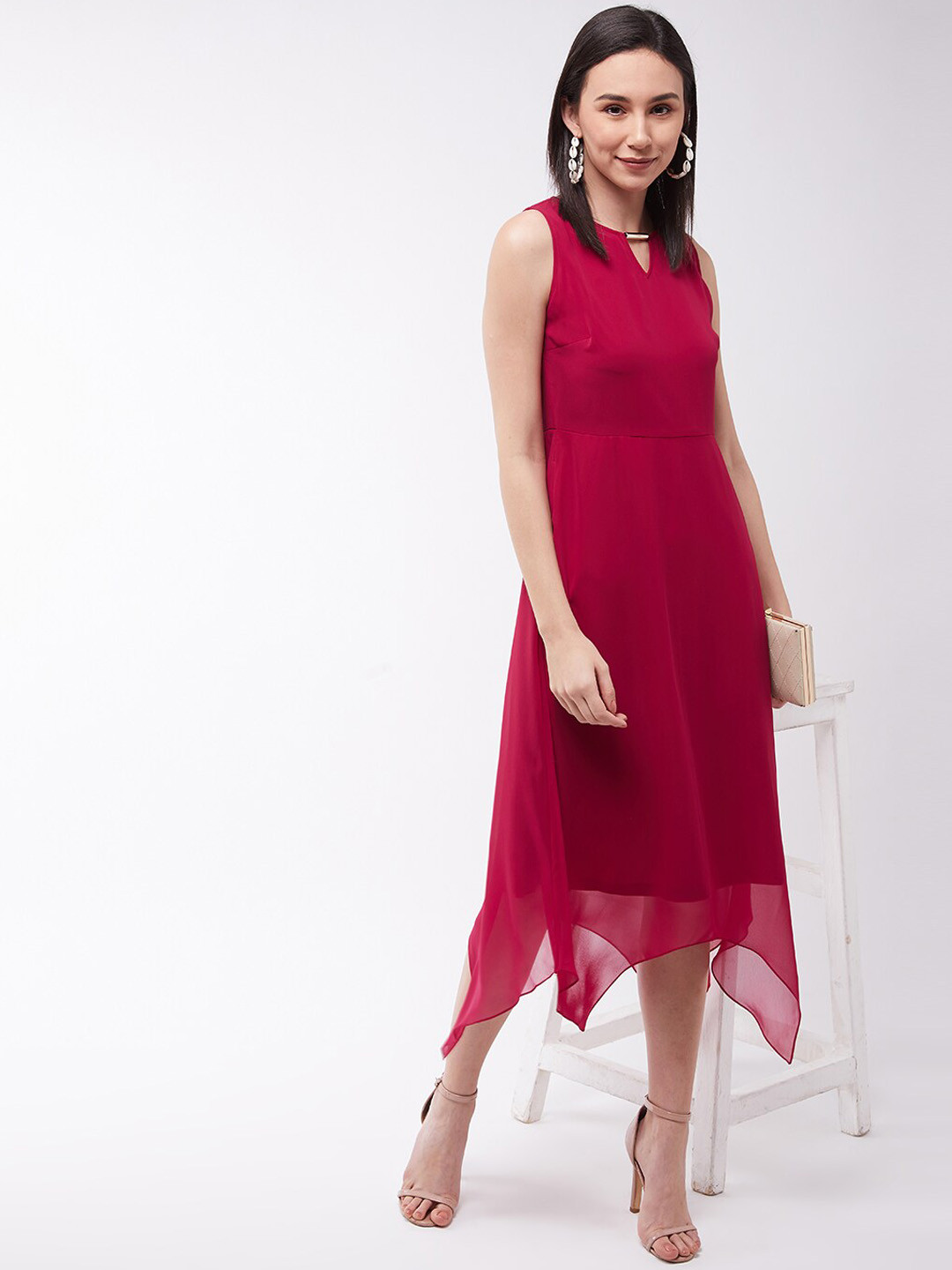 Miss Chase Women Dark Pink Solid Asymmetric Midi Dress