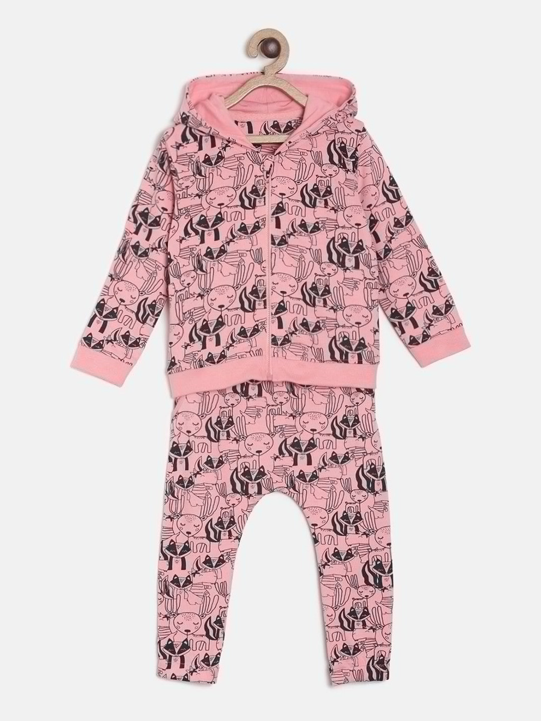 MINI KLUB Girls Pink & Black Conversational Print Cotton Tracksuit