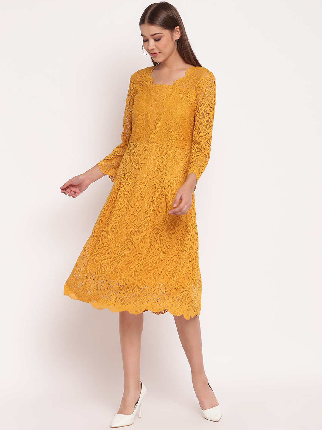 AKIMIA Women Mustard Yellow Self Design Scalloped Lace Fit & Flare Dress
