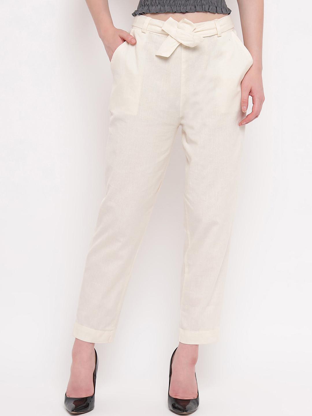 Aawari Women Off-White Regular Fit Solid Peg Trousers