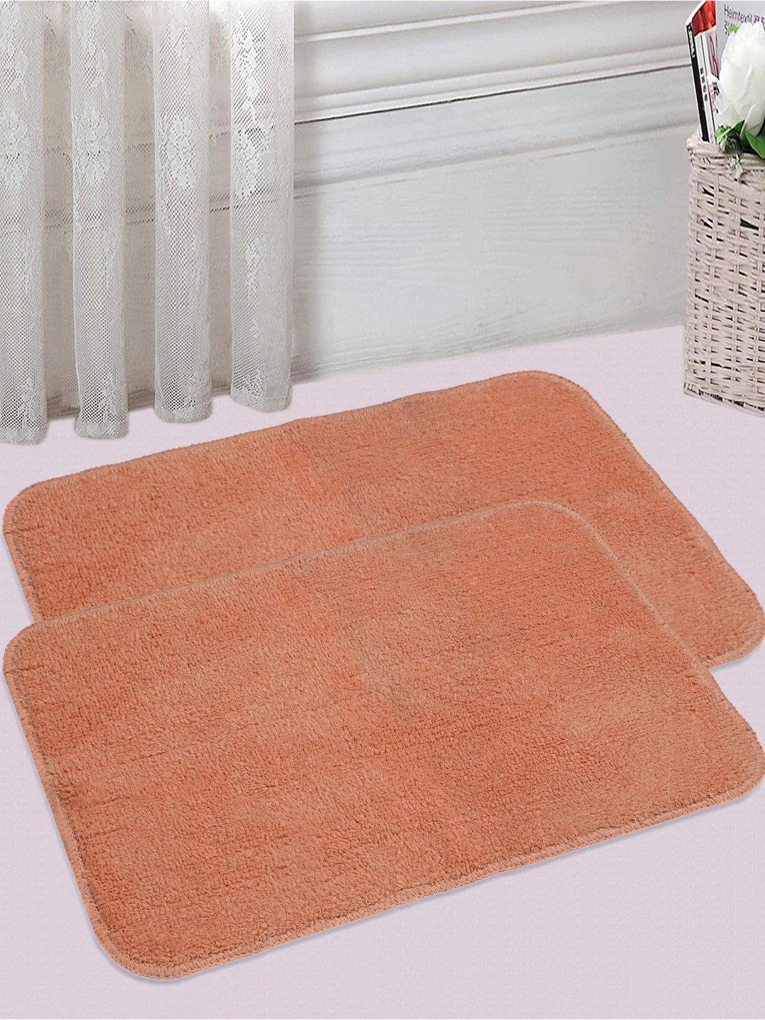 Saral Home Set of 2 Rust Orange 1200 GSM Solid Cotton Bath Rugs