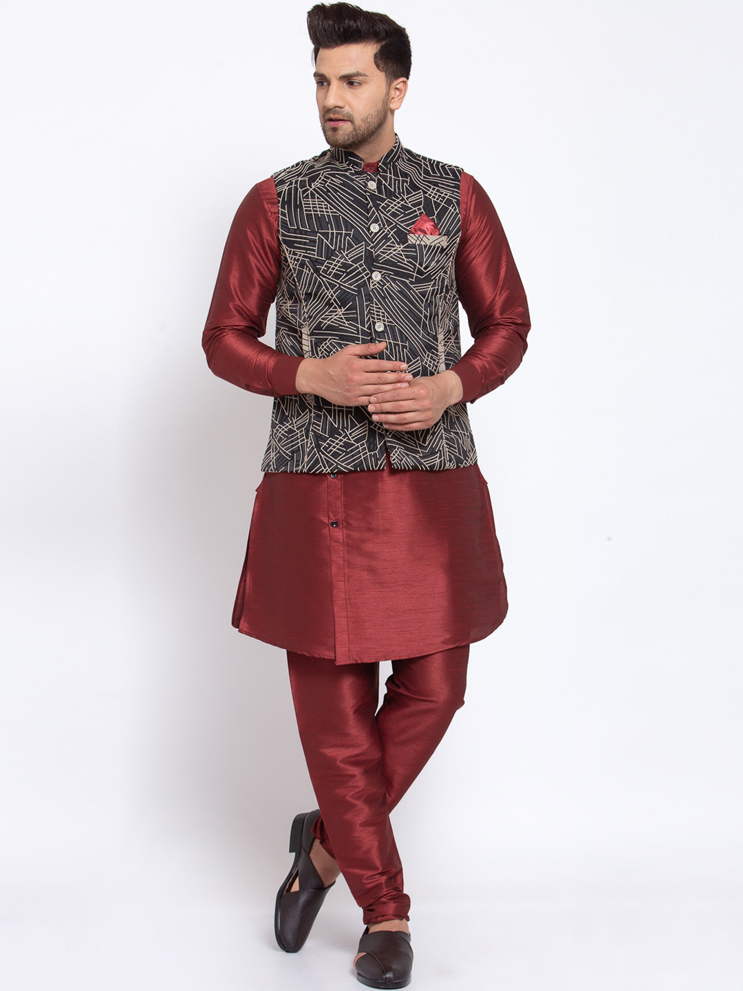 KLOTTHE Men Multicoloured Cotton Silk Kurta with Churidar Pajama & Nehru Jacket