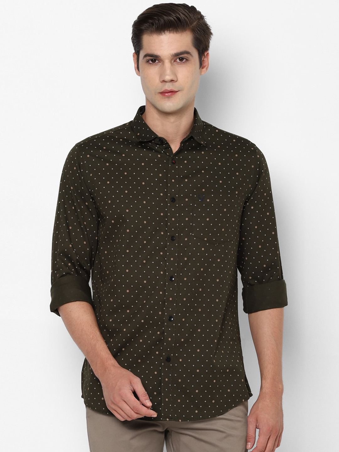 Allen Solly Men Olive Green Pure Cotton Slim Fit Printed Casual Shirt