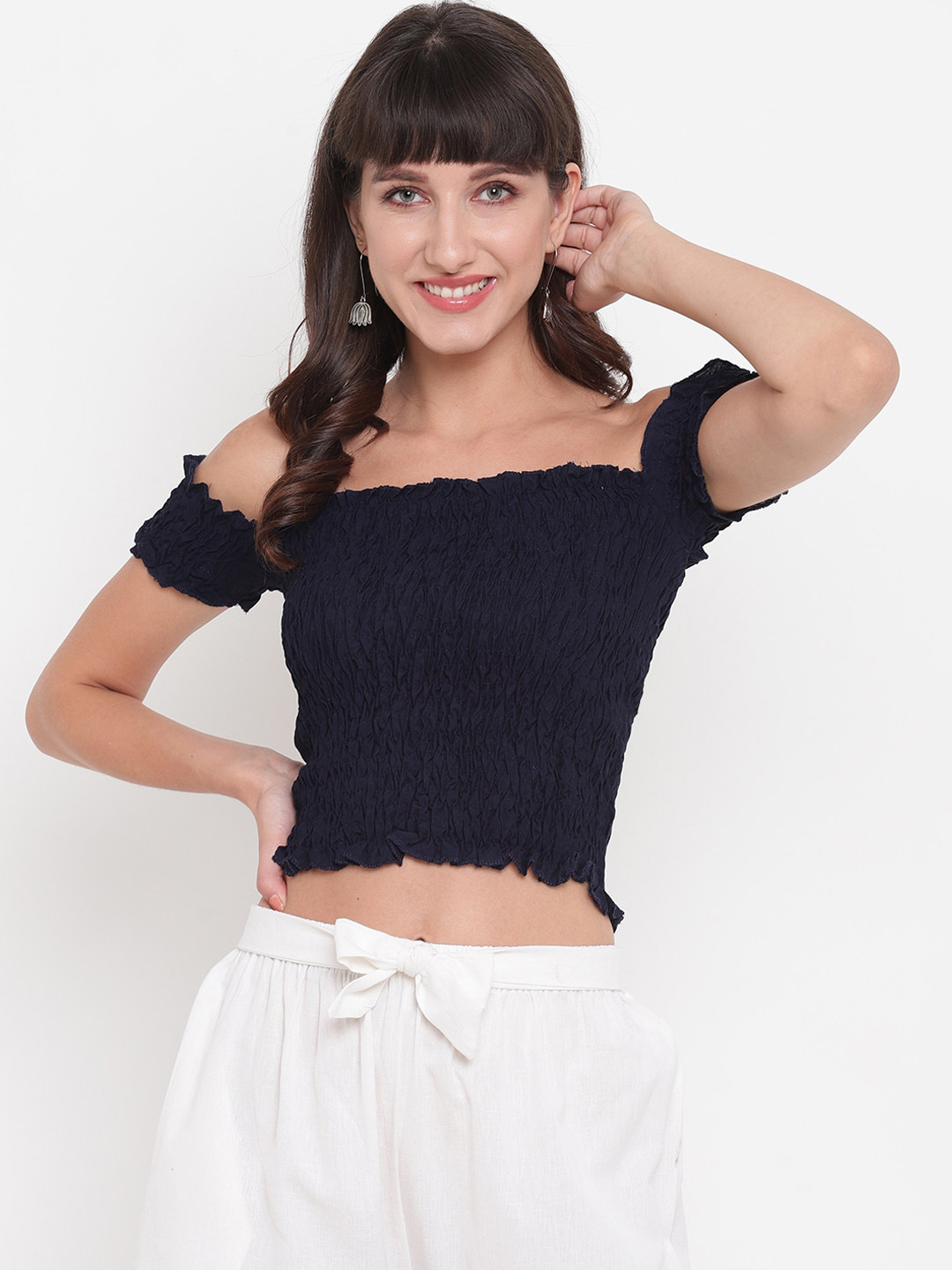 Aawari Navy Blue Off-Shoulder Bardot Crop Top