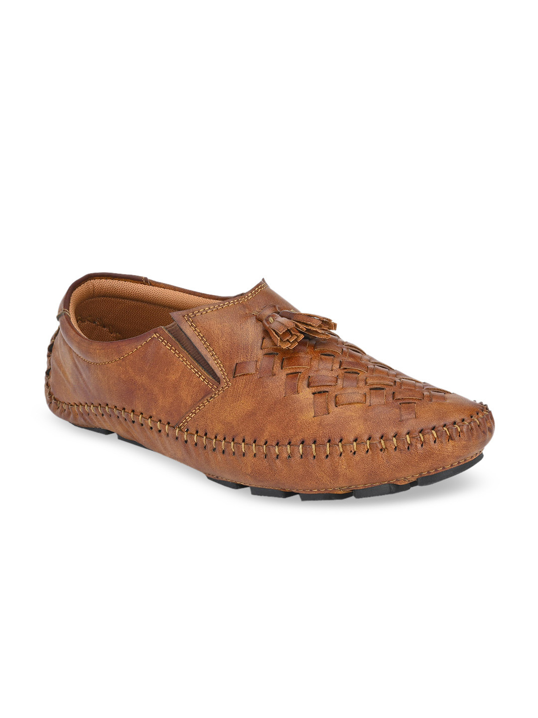Prolific Men Tan Brown Woven Design Loafers