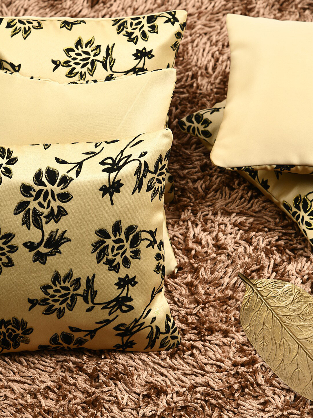 HOUZZCODE Beige Floral Polyester Washable 5 Piece Textured Square Cushion Covers -12x12In