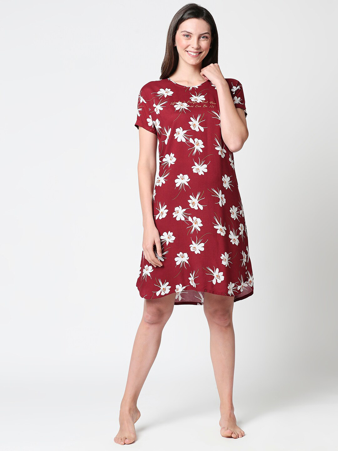 Zeyo Women Maroon Printed Sleep Shirt