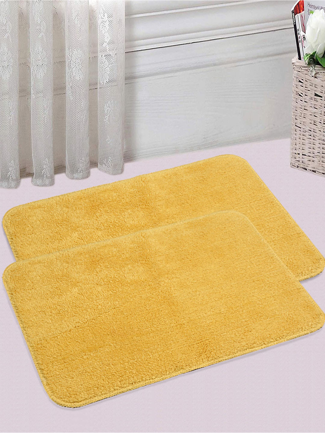 Saral Home Set of 2 Mustard Yellow 1200 GSM Solid Cotton Bath Rugs
