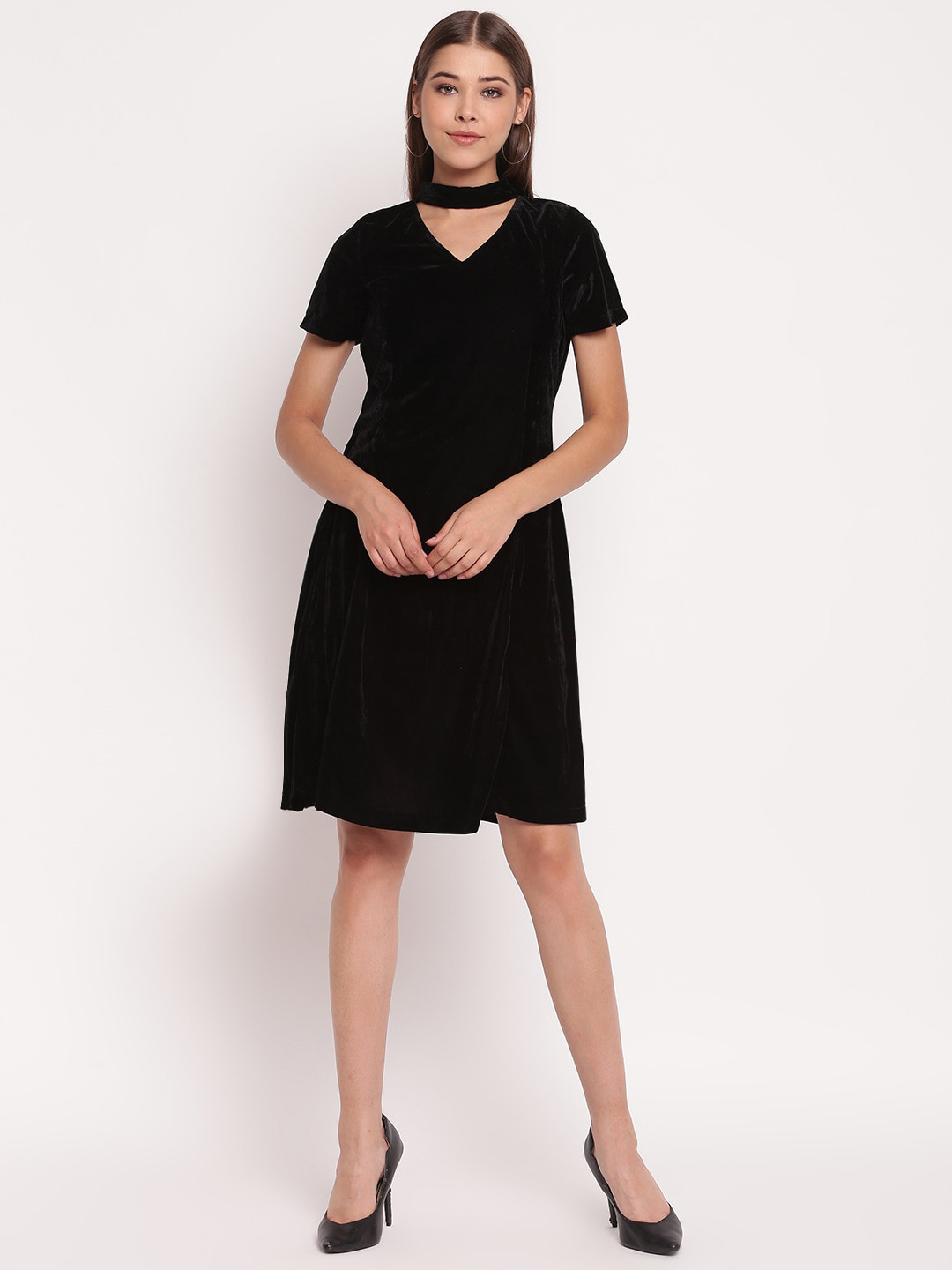 AKIMIA Women Black Solid Velvet Choker Neck Fit and Flare Dress