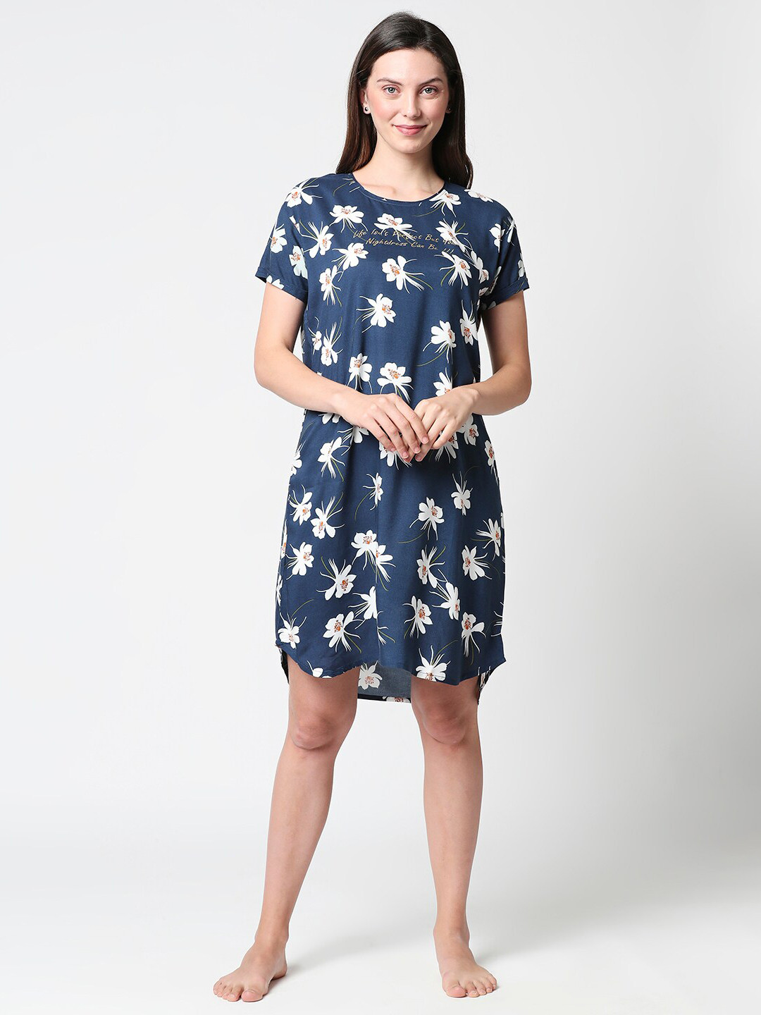 Zeyo Navy Blue & White Printed Sleepshirt