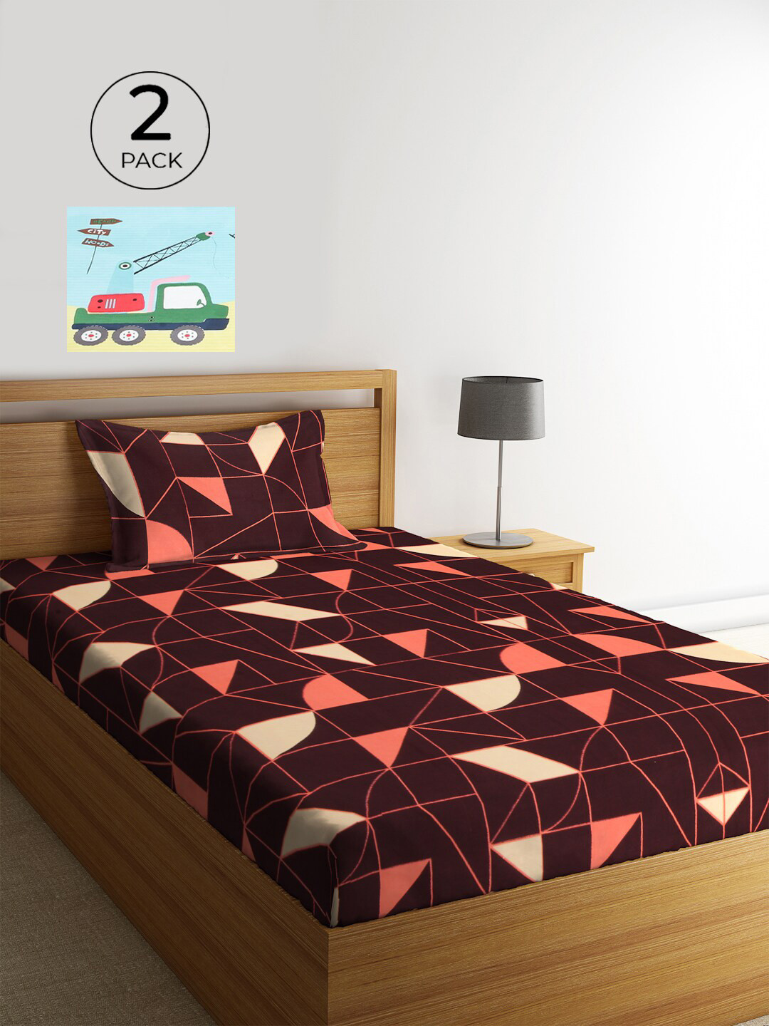 KLOTTHE Maroon & Turquoise Blue Geometric 210 TC Polycotton 2 Single Bedsheet with 2 Pillow Covers