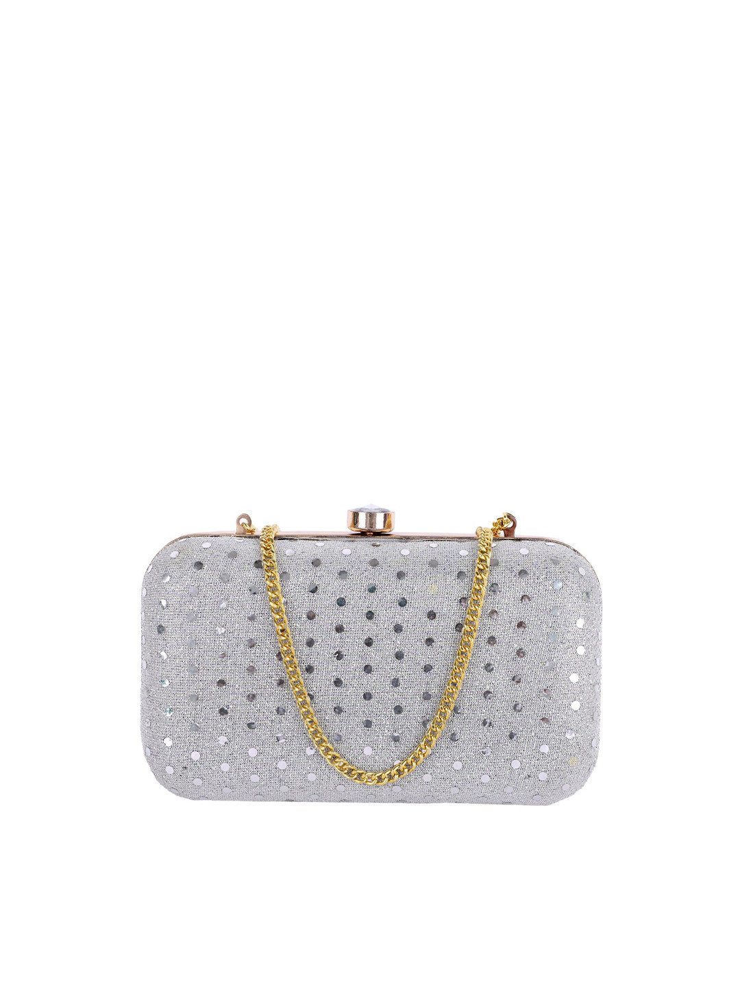 REZZY White & Silver-Toned Embellished Clutch
